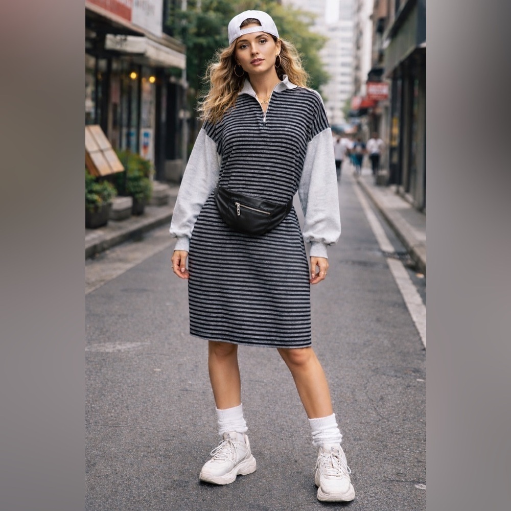 Vintage 80s 90s Reebok Sport Womens Dress Sz Small Gray Black Stripe Athleisure